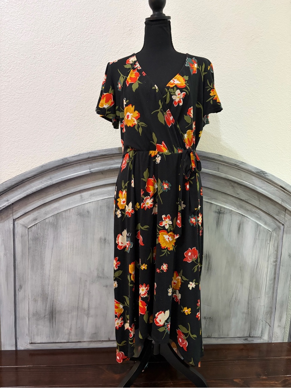 by & by Black Floral Wrap Maxi Dress with Red and Yellow Blooms
